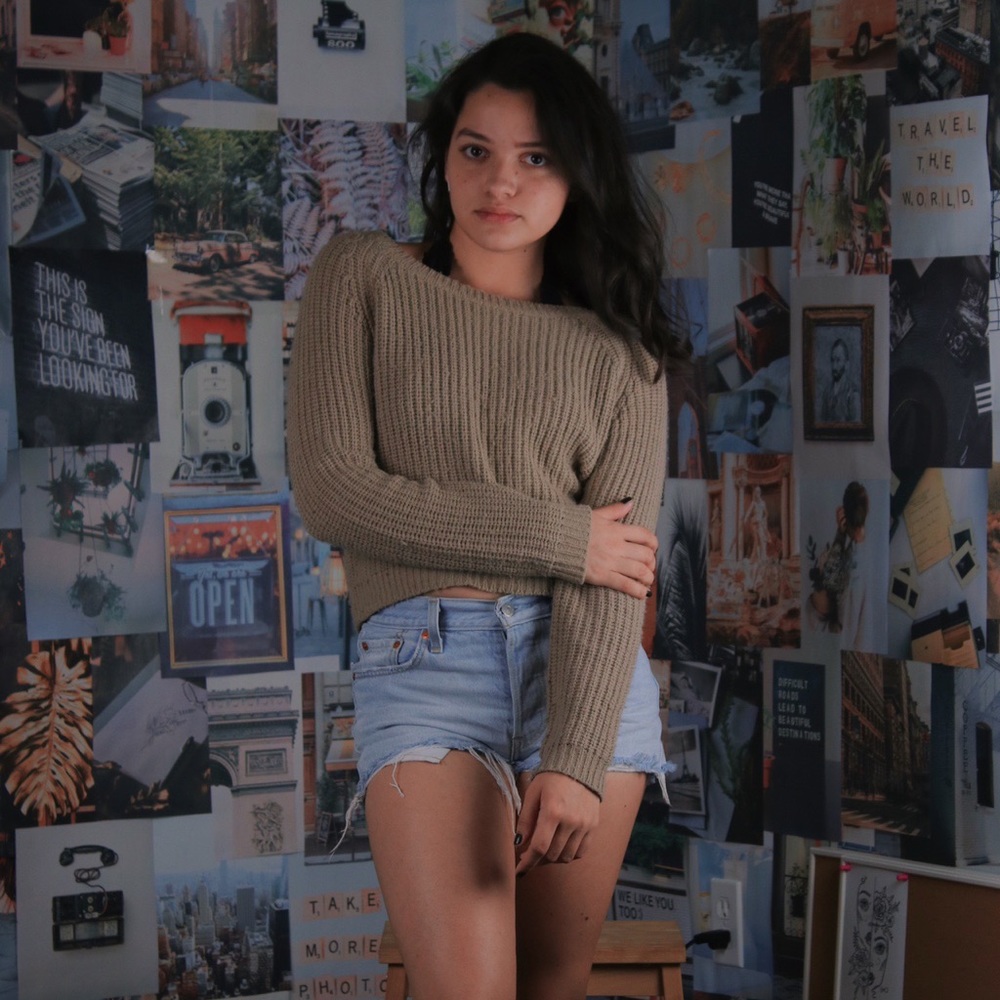 Nude brown knit sweater w/ long sleeves, cropped
